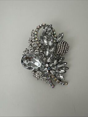 Crystal Floral Statement Brooch - Silver Tone